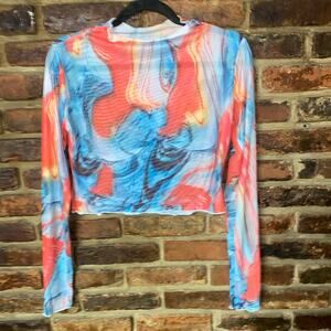 Blush Mark Salmon Blue Long Sleeve Sheer Mesh Crop Top Women's Size 0X